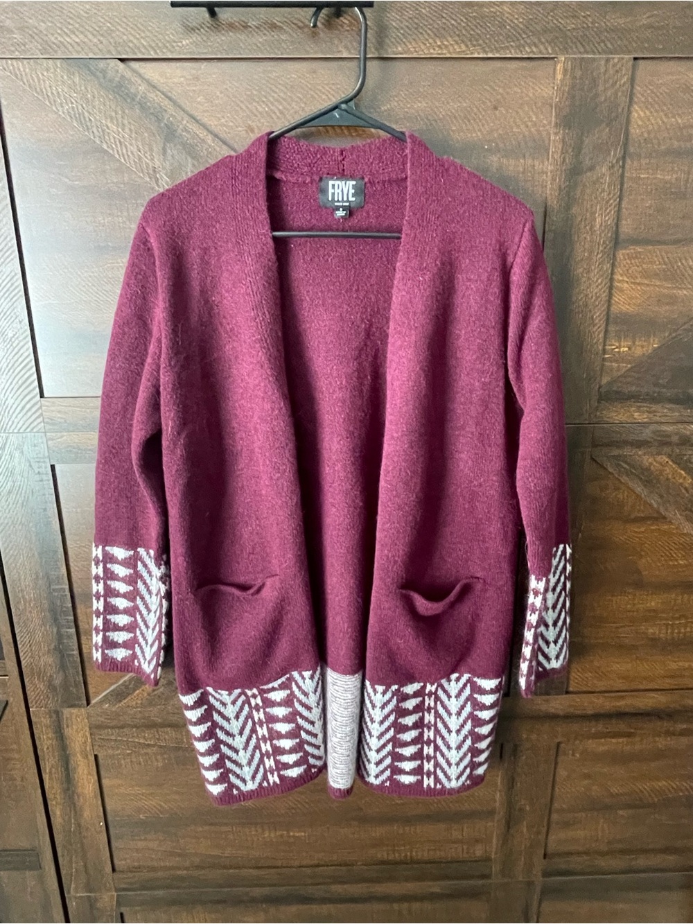 FRYE Burgundy Open-Front Cardigan with White Geometric Trim